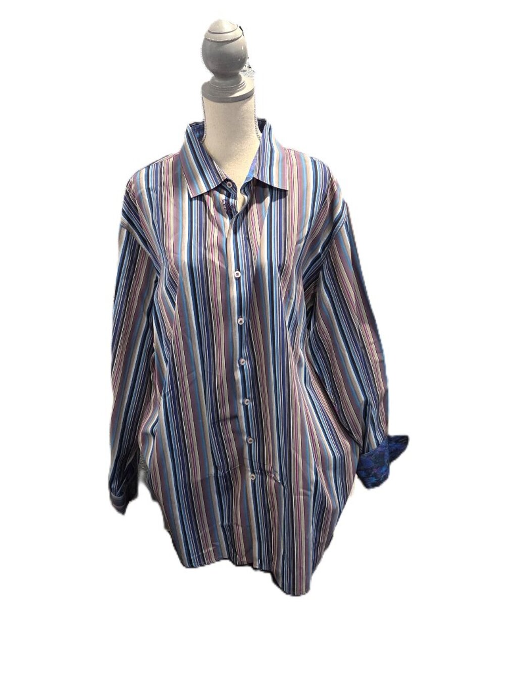 Robert Graham 2XL Beige Tan Blue Striped Dress Shirt Flip Cuff Cotton C